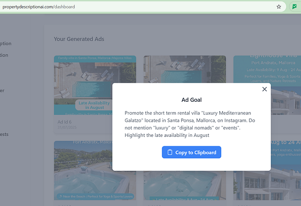 The image displays a dashboard interface for generating property ads with a pop-up detailing an ad goal.