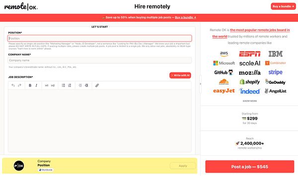 The image displays a job posting interface on the Remote OK website.