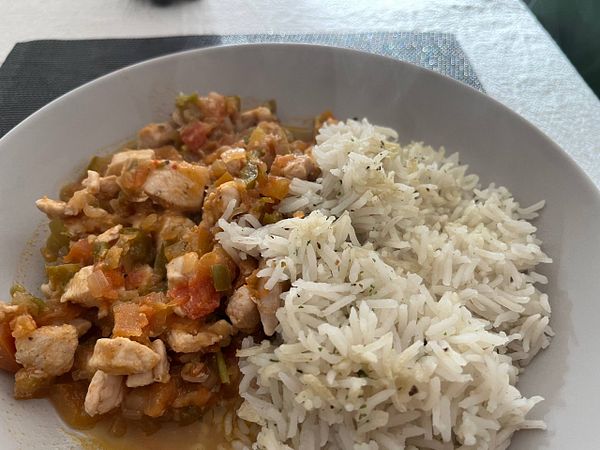 A plate of chicken stew served with white rice.