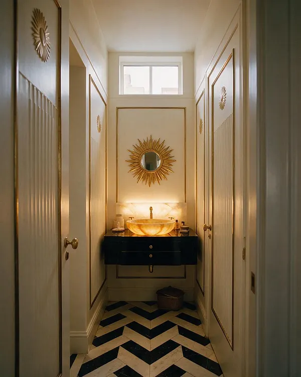 A narrow powder room with cream paneled walls outlined in gold trim, a glowing amber stone vessel sink on a black vanity, and a sunburst mirror centered above it. The black-and-cream chevron floor and brass hardware reinforce the Art Deco look.