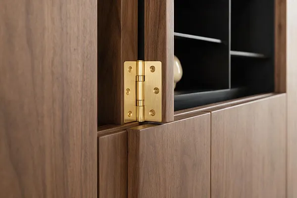 Close-up of a modern wood cabinet showing warm walnut-toned panels and a polished brass hinge at the center. A dark recessed shelving area is visible behind the open section, creating contrast with the natural wood grain.