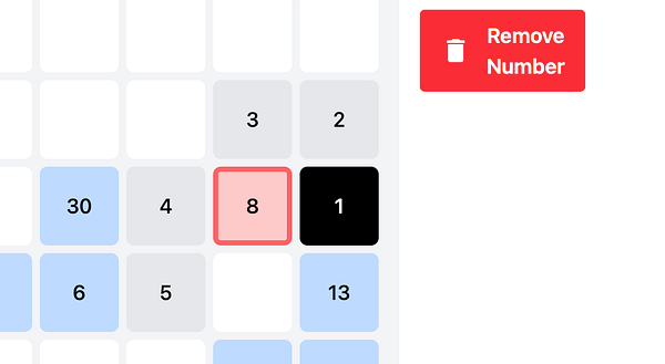 A grid interface displaying numbers with specific styling for played cells and a remove option.