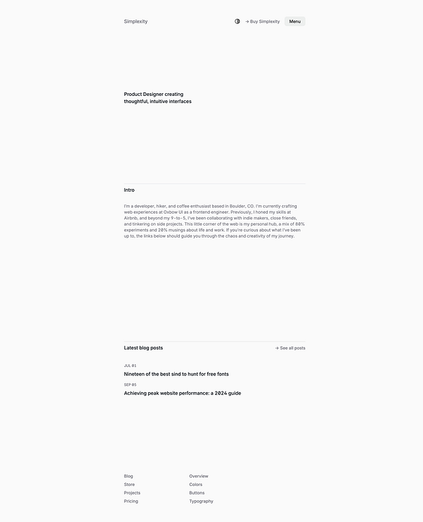 The image displays a webpage for a product designer named Simplexity, featuring an introduction and latest blog posts.