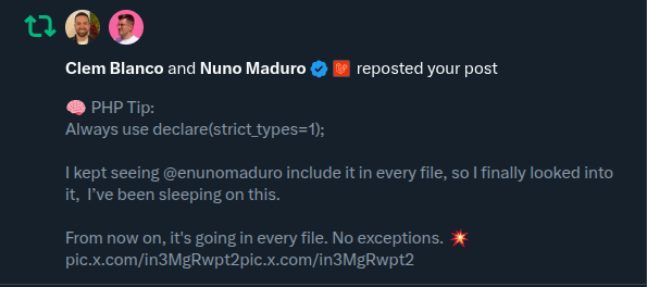The image features a retweet from Clem Blanco and Nuno Maduro discussing a PHP coding tip.
