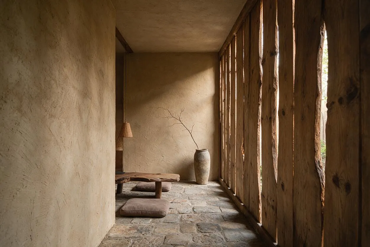 A narrow backyard corridor styled in Wabi-Sabi design, with textured plaster walls, a stone floor, and tall vertical wooden slats along one side. A low rustic wooden bench, floor cushions, and a ceramic vase with a bare branch create a calm, minimalist atmosphere.