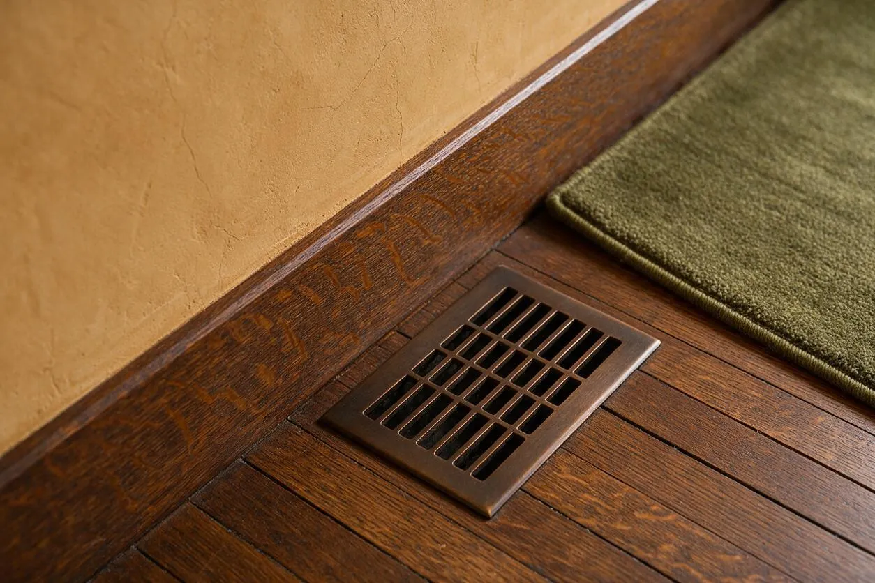 A close-up view of a Craftsman-style floor showing wide stained wood planks, a dark metal floor vent grille, and a matching wood baseboard against a warm textured wall. An olive green rug edge softens the corner and adds color to the earthy palette.