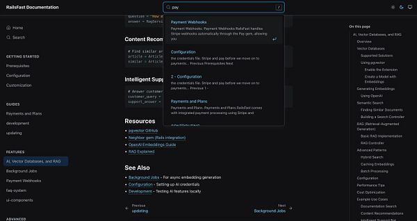 The image displays a dark-themed documentation interface for RailsFast, focusing on payment webhooks and related features.
