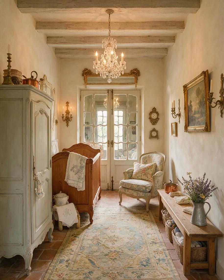 A narrow French Country nursery with a distressed cream armoire, a carved wooden crib, and a floral upholstered armchair beneath a crystal chandelier. The room has exposed white ceiling beams, plaster walls, French glass doors, terracotta tile flooring, and antique-style wall decor.