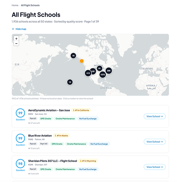 A modern dashboard interface displaying a map and various data visualizations related to flight schools.
