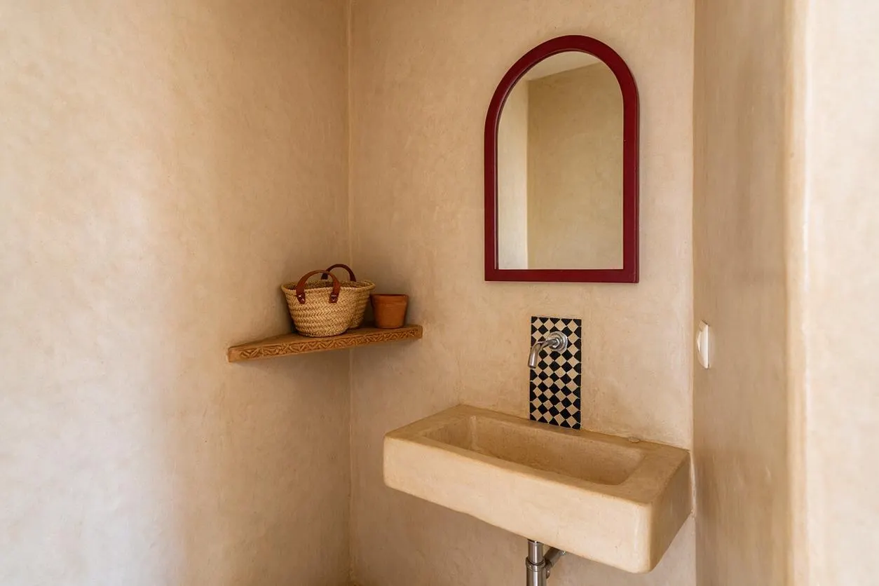A small Moroccan-style powder room with smooth beige plaster walls, a narrow rectangular pedestal sink, and a red-framed arched mirror above it. A black-and-white patterned tile panel surrounds the faucet, and a floating wooden shelf holds a woven basket and a small terracotta cup.