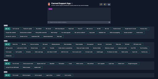 The image displays a user interface for the Canned Support App, showcasing various preset messages for customer support.