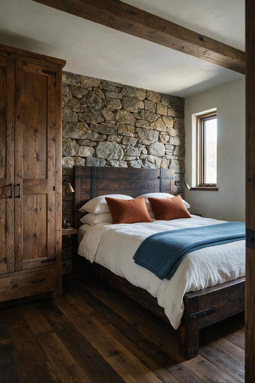 A rustic guest bedroom with a dark wood bed frame and matching wardrobe, set against a textured stone accent wall. The bed is dressed in white bedding with rust-colored pillows and a blue throw, with a small window and exposed wood beam adding warmth and character.