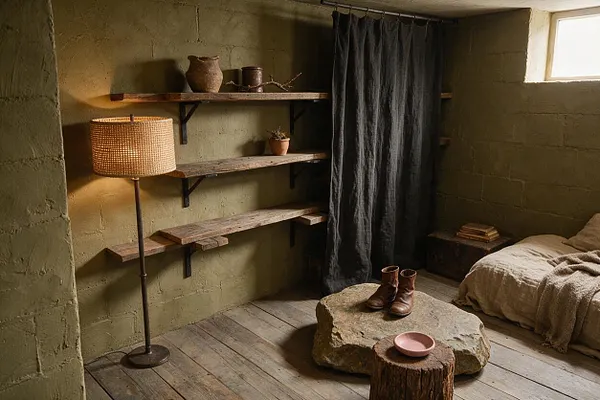 A small wabi-sabi style closet or dressing room with textured olive plaster walls, weathered wood shelves, and a woven floor lamp casting warm light. A dark curtain hangs near a bed, while a large stone slab, tree-stump table, leather boots, and ceramic vessels add an organic, imperfect feel.