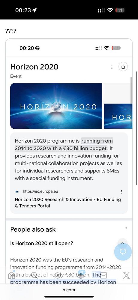 The image displays a mobile interface showing information about the Horizon 2020 program.