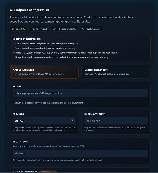 PromptBrake – Test your AI API or chatbot before customers do visual 3