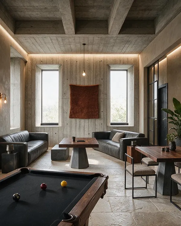 A Brutalist-style game room with exposed concrete walls and ceiling beams, two black leather sofas, and a pool table in the foreground. The room includes wood-topped pedestal tables, slim metal-framed chairs, tall narrow windows, warm strip lighting, and a textured wall hanging for a muted, masculine atmosphere.