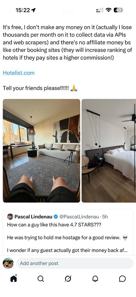A travel-themed screenshot of a tweet showing Jonathan Siegel and a personal blog link about hotels.