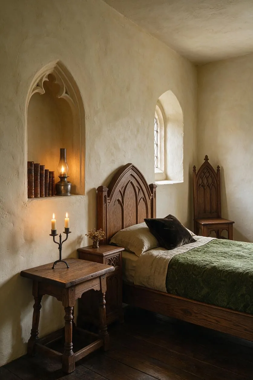 A Gothic-style guest bedroom with a carved wooden headboard, a green bedspread, and dark wood furniture. Arched wall niches hold books and a lamp, while candlelight and a small arched window add a warm, moody atmosphere.