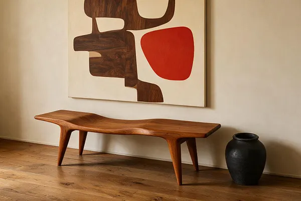 A minimalist Mid-Century Modern vignette with a sculptural wooden bench on a light hardwood floor beneath an abstract wall painting. A matte black vase sits beside the bench, while the neutral walls and warm wood tones create a calm, gallery-like atmosphere.