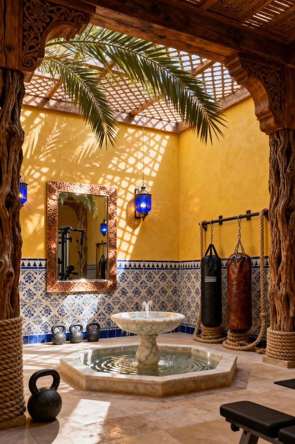 A home gym with Moroccan details features saffron plaster walls above blue-and-white patterned ceramic tiles. A carved wood lattice roof and palm fronds cast geometric shadows across the space. An octagonal marble fountain sits at the center. Cobalt glass lanterns and a hammered copper-framed mirror adorn the wall. Leather punching bags hang from rope near gnarled wooden columns, while kettlebells and a bench rest on warm travertine flooring.