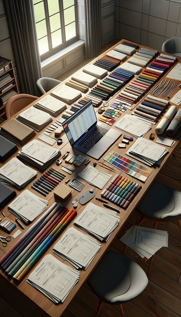 An organized worktable with fabric swatches, order forms, and a laptop displaying a project order, each item marked with sidemarks such as ‘Taylor Office - Guest Chairs’ and ‘Adams Family - Bedroom Curtains’.