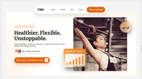 The image displays a website design for a personal training service called Rae.
