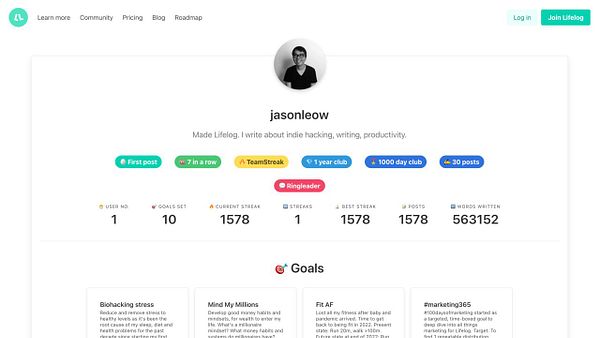 The image displays a user profile on the Lifelog platform, showcasing writing achievements and personal goals.
