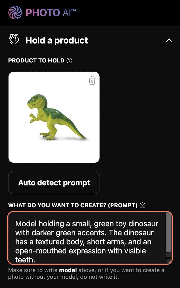 The image features a user interface for a photo AI tool focused on creating images of a model holding a toy dinosaur.