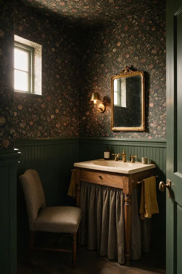 A small powder room with dark floral wallpaper, deep green wainscoting, and a vintage-style oak vanity topped with a light stone sink. An ornate gold-framed mirror and brass wall sconce hang above the sink, while a patterned upholstered chair sits beside the vanity under soft natural light from a small window.