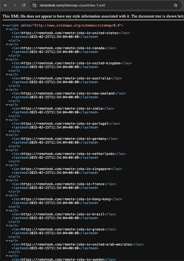 The image displays an XML sitemap for remote job listings by country.
