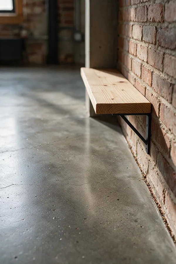 A minimalist industrial interior shows a rough red brick wall with a simple floating wooden bench mounted on black metal brackets. The polished concrete floor reflects soft light, adding to the raw, open feel of the space.