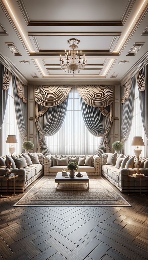 A luxurious living room with large windows dressed with elegant swags in a rich fabric, coordinating with the room's overall decor.