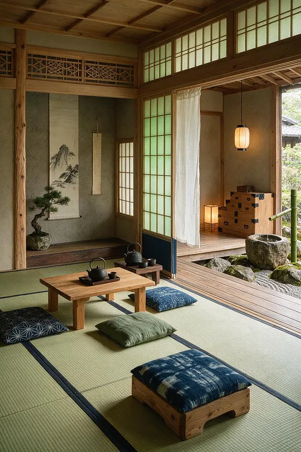 A tranquil Japanese Zen-style space with tatami mat flooring, low wooden tables, floor cushions, shoji screens, and a hanging lantern. The room opens to a small garden with stones, moss, and a stone basin, framed by warm natural wood and soft neutral tones.