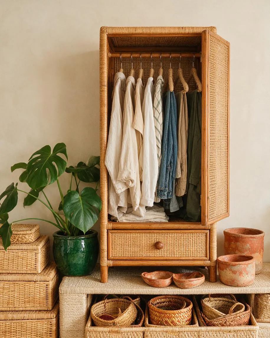 A bohemian-style closet made of woven rattan stands against a warm beige wall, with an open door revealing neutral garments on wooden hangers. Below it sits a matching rattan drawer, surrounded by woven baskets, terracotta pots, and a leafy green plant in a dark green ceramic pot.