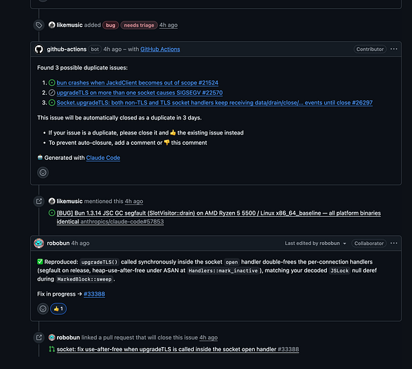 Screenshot of a GitHub issue page on the oven-sh/bun repository discussing a regression reproduction and automatic PR creation.