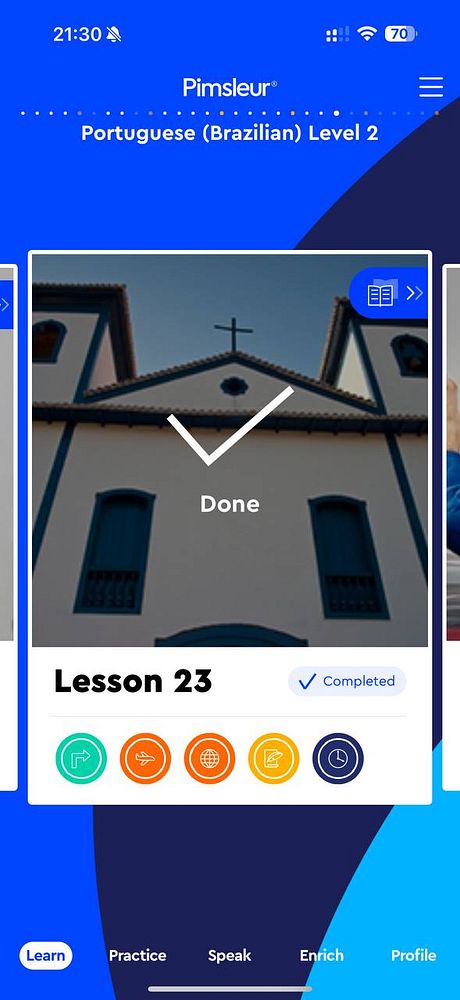 The image displays a completed lesson from the Pimsleur language learning app for Brazilian Portuguese.