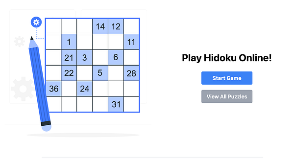 The image features a Hidoku puzzle interface with a pencil and buttons for gameplay options.