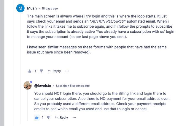 A discussion thread about a user experiencing login issues related to email subscriptions.