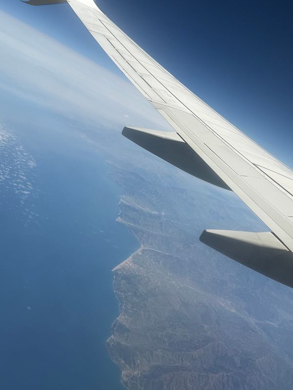 Scenic view of Marrakesh featuring an orange sunset sky, palm trees, and a vehicle driving on a road at dusk.