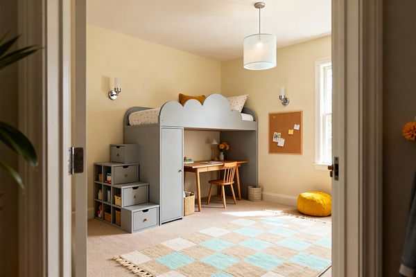 View into a children’s room with warm cream walls and a soft-gray loft bed featuring a cloud-shaped guard, stair drawers, a small wardrobe, and cubby storage. Beneath the loft is a light wood desk and chair with a basket and lamp; a beige carpet is layered with an aqua-and-sand check rug, a mustard pouf sits by a window, a cork pinboard hangs on the wall, and chrome sconces plus a linen drum pendant provide lighting.