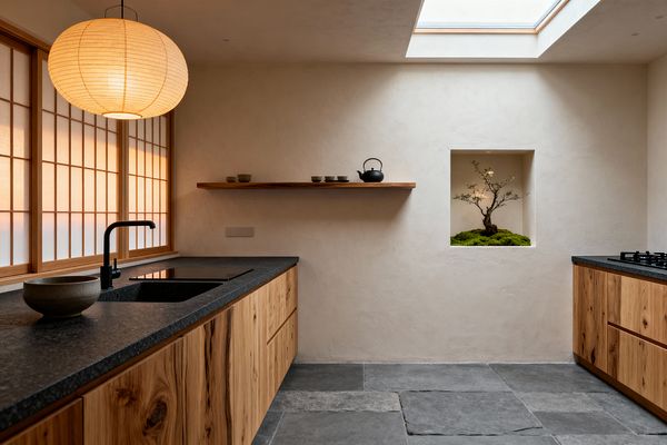 Serene Japanese-style kitchen with shoji-screen windows casting warm light on natural wood base cabinets and dark stone countertops. A matte black faucet and low-profile cooktops punctuate the surfaces. A floating wooden shelf displays a teapot and cups, while a square wall niche holds a bonsai set in green moss. Large gray stone slabs floor the space, plastered off-white walls soften it, and a round paper lantern and ceiling skylight provide gentle illumination.