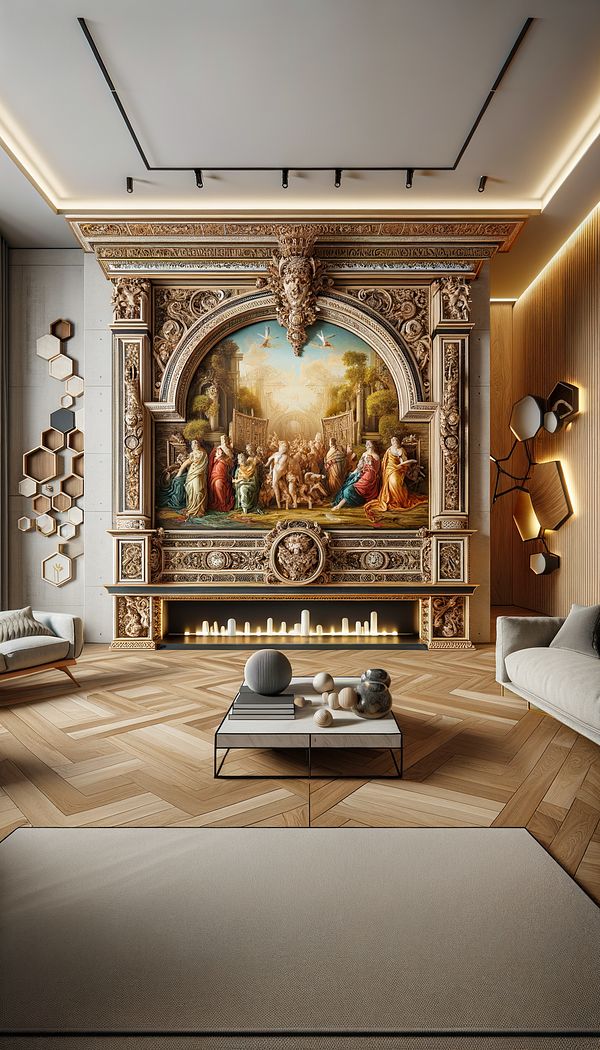 An elaborately decorated cassone with intricate carvings and painted scenes, placed in a contemporary living room.