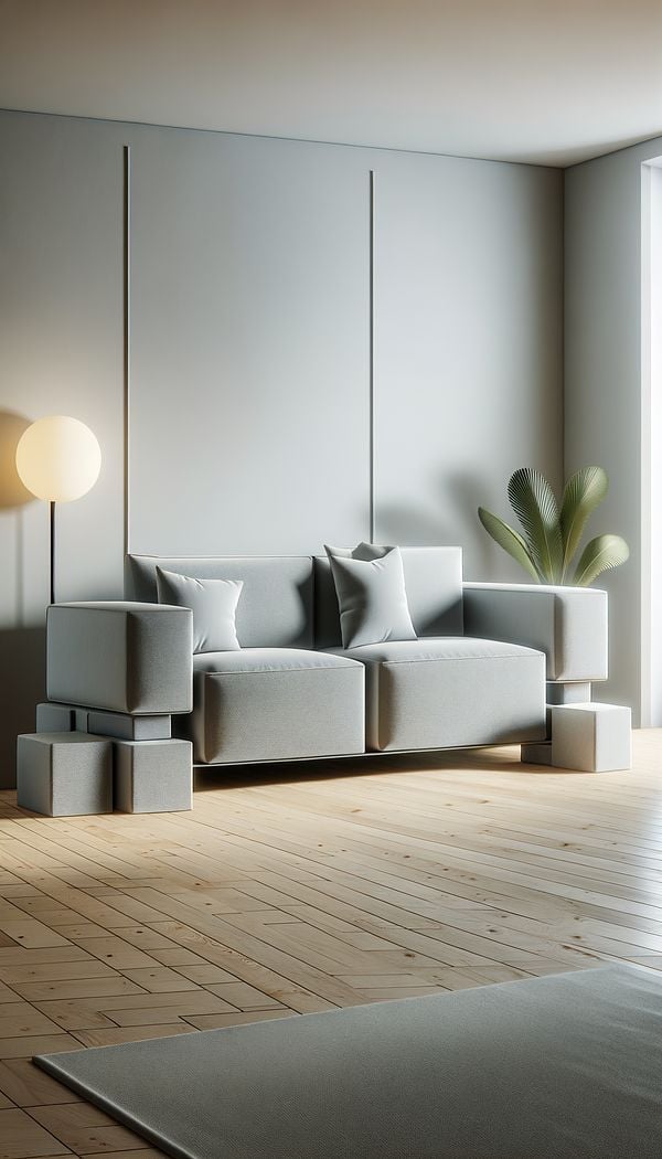 A sleek, modern sofa with simple, cubic Block Feet placed in a minimalist living room setting.