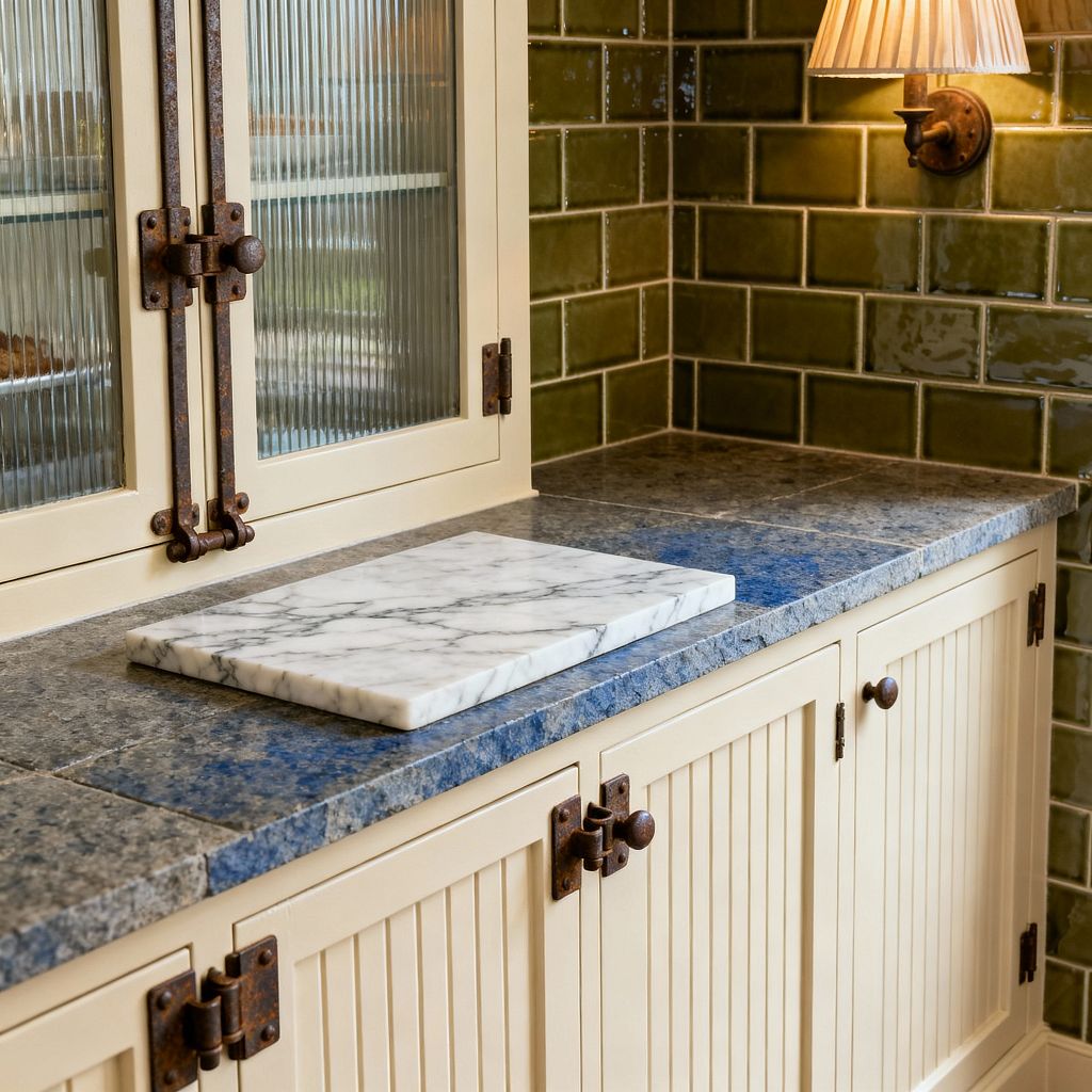 Traditional kitchen detail with cream beadboard cabinets featuring latch hardware and ribbed glass uppers. A honed blue-gray stone countertop holds a rectangular white marble board. The backsplash is clad in olive green, glossy subway tiles that reflect light from an aged brass wall sconce with a pleated shade. Patinated metal hinges and knobs emphasize vintage character while warm light softens the cool stone and earthy green tiles.