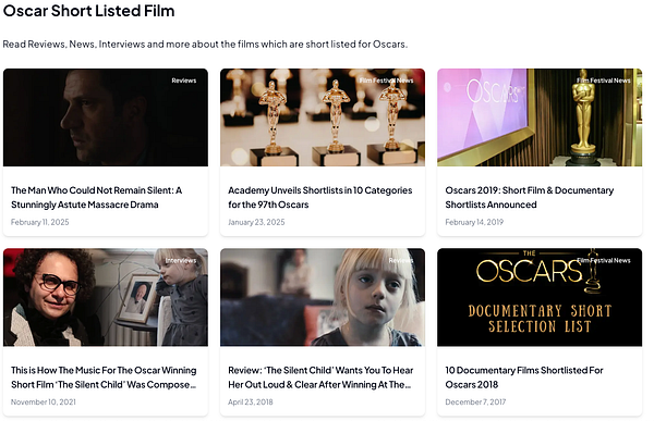The image displays a grid layout of articles related to Oscar-listed films, featuring various reviews and news items.