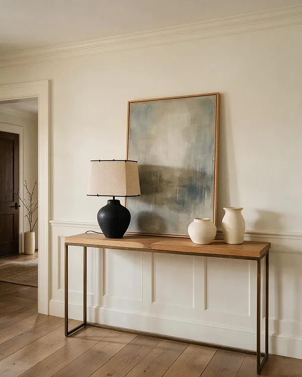 A Transitional-style hallway vignette with a slim wood console table against cream paneled walls, topped by a black table lamp and two light ceramic vases. A large abstract painting in muted blue and beige tones leans behind the table, while warm wood floors and a nearby doorway frame the serene scene.