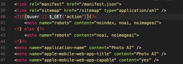 The image displays a code snippet related to HTML meta tags and conditional statements for a web application.