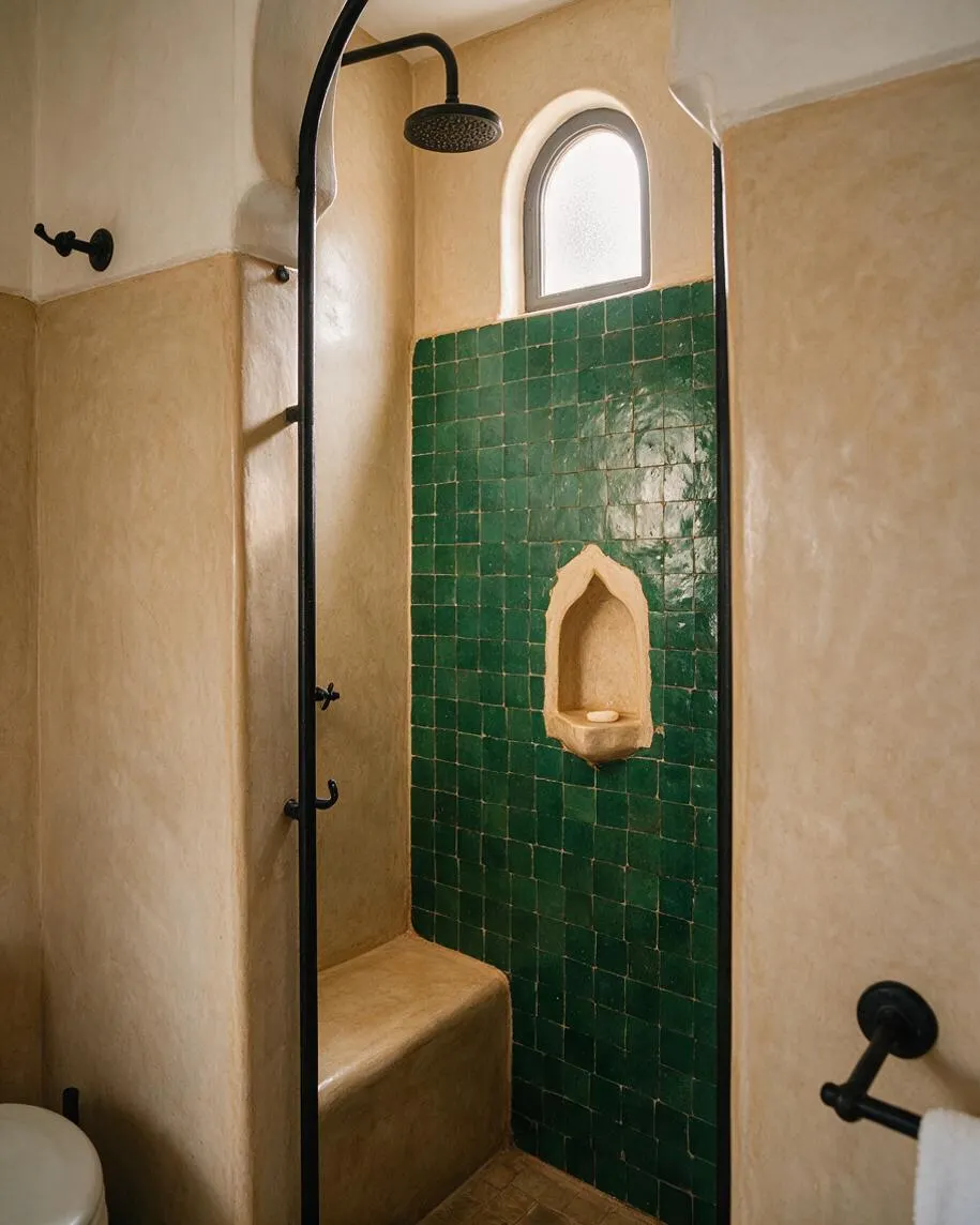 A Moroccan-style master bathroom shower with deep green square tile on one wall, a small arched niche for soap, and warm plaster walls. A black curved shower arm and fixtures contrast with the earthy beige surfaces and a narrow arched window above.