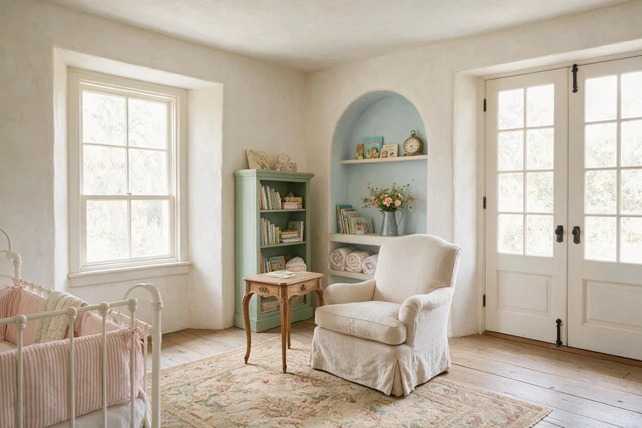 A bright nursery with white plaster walls, two large windows, French doors, and wide wood floorboards. The room includes a white upholstered armchair, a pale mint bookcase, a blue alcove shelf with books and flowers, a small carved wood table, and a white metal crib with pink bedding.