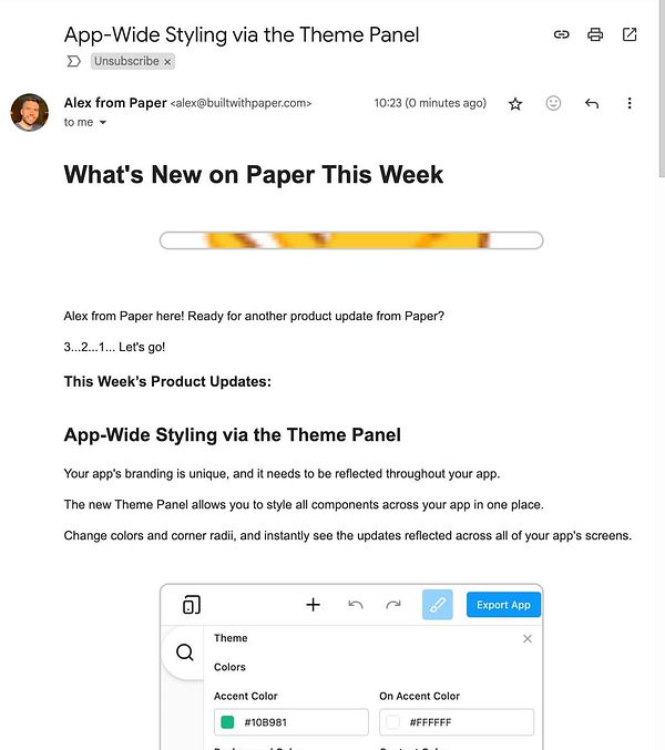 An email update detailing new features in the Paper app, focusing on the Theme Panel for app-wide styling.